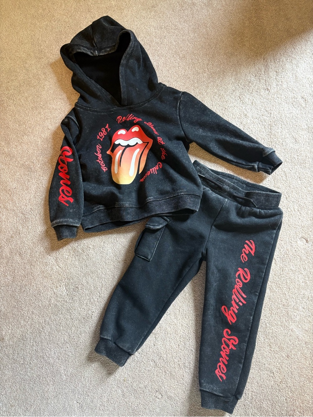 the Rolling Stones Kids Black Hoodie & Jogger Set with Red Logo